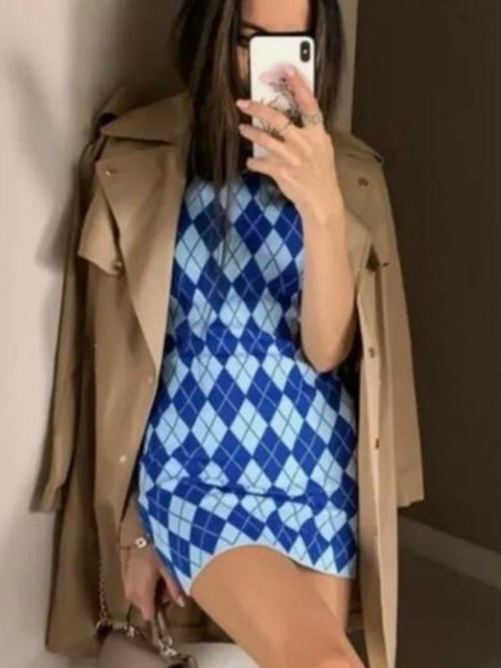 ZARA Blue Argyle Pattern Knit DRESS - Picture 2 of 6